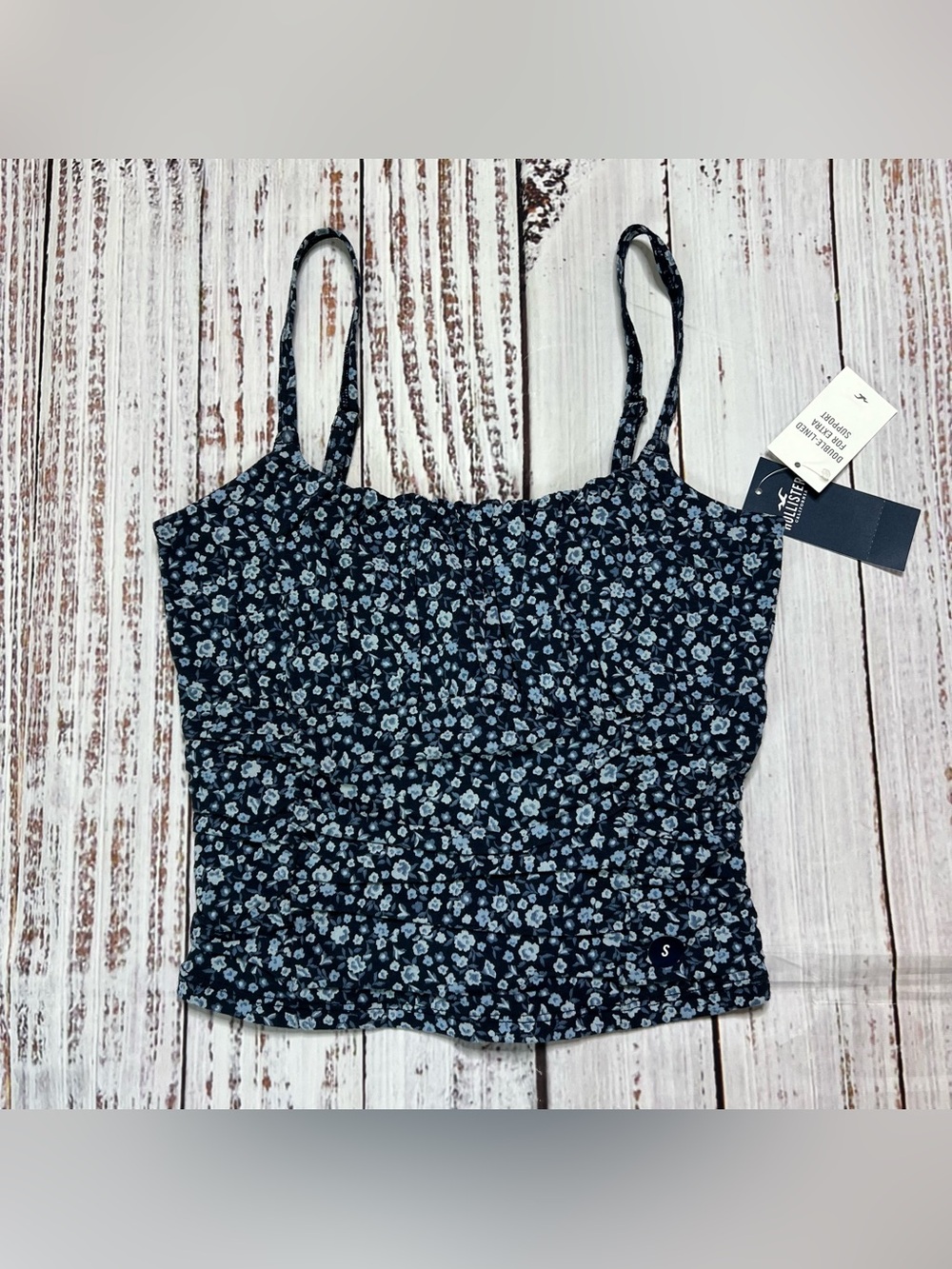 HOLLISTER Floral Smocked Cami Tank Top - Navy/Light Blue